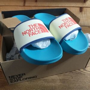 The North Face Blue and White Slide Sandals